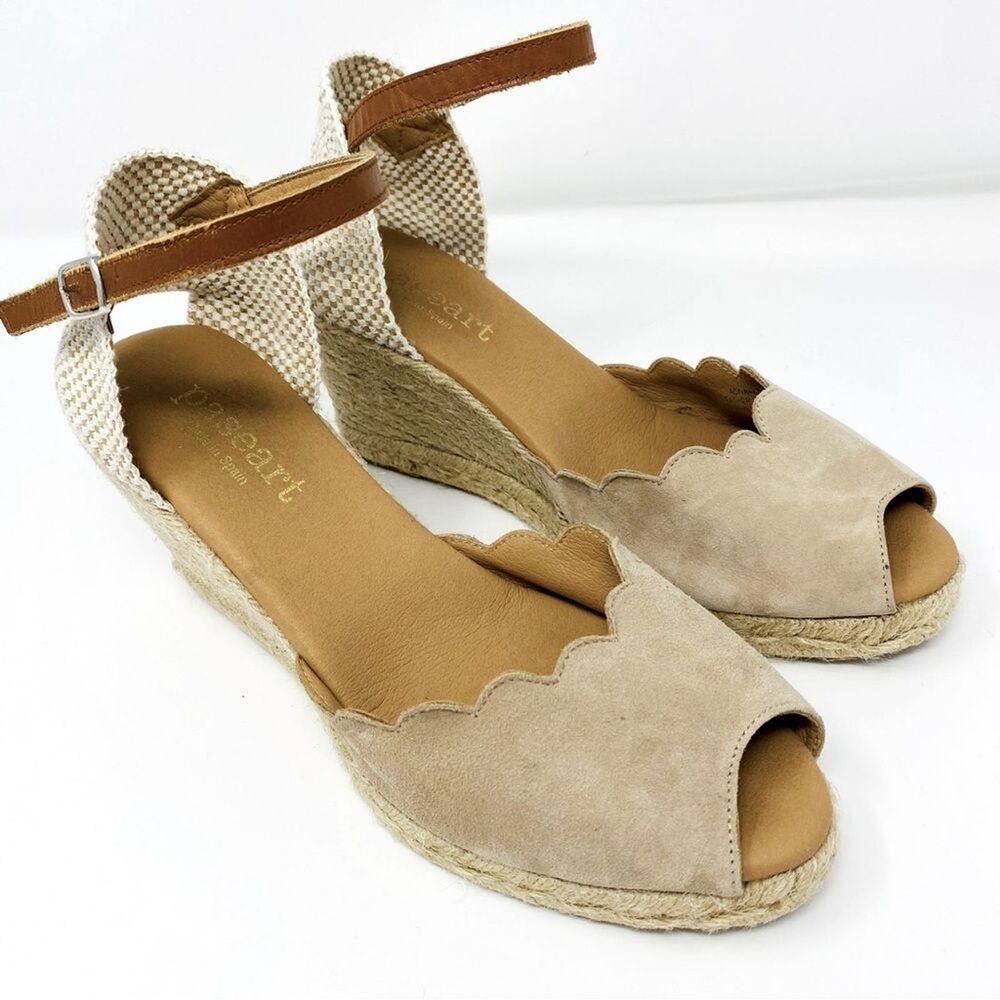 PASEART 41 / 9.5 Peep Toe Taupe Suede Espadrille Scallop Boho Wedge Sandal Spain